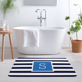 Blauw en marine strepen monogram badmat