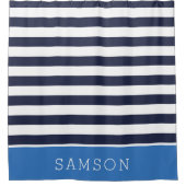 Blauw en marine strepenmonogram douchegordijn (Voorkant)