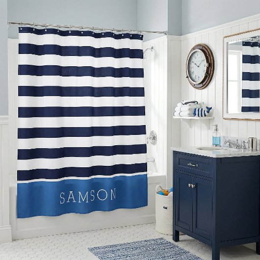 Blauw en marine strepenmonogram douchegordijn