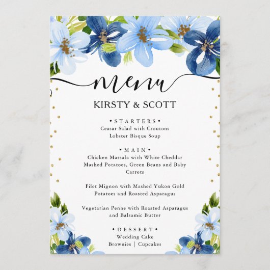 Blauw en Marine Zomer Bloemen Bruiloft Menu (Voorkant)