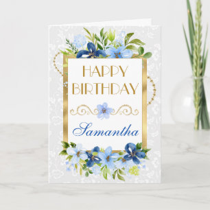 Blauw en marineblauwe zomerbloemen goud folie verj kaart