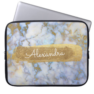 Blauw en marmer met goudfolie en glitter laptop sleeve