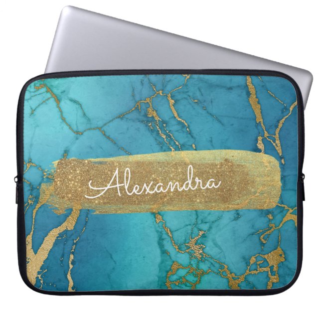 Blauw en marmer met goudfolie en glitter laptop sleeve (Voorkant)