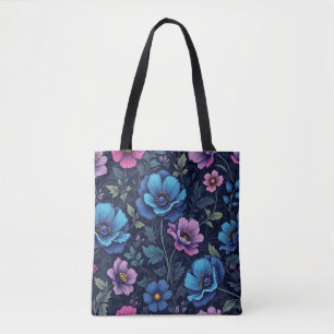 Blauw en mauve bloemen tote bag