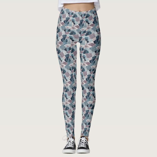 Blauw en Mauve Terrazzo Abstract Design Leggings (Voorkant)