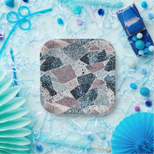 Blauw en Mauve Terrazzo Abstract Design Papieren Bordje (Feest)