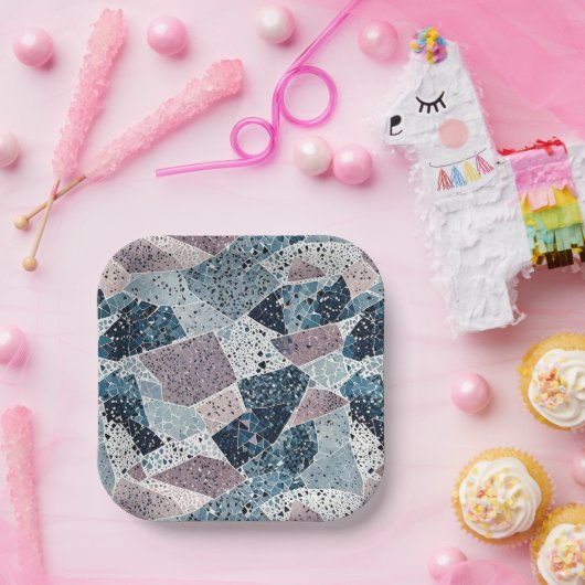 Blauw en Mauve Terrazzo Abstract Design Papieren Bordje (Feest)