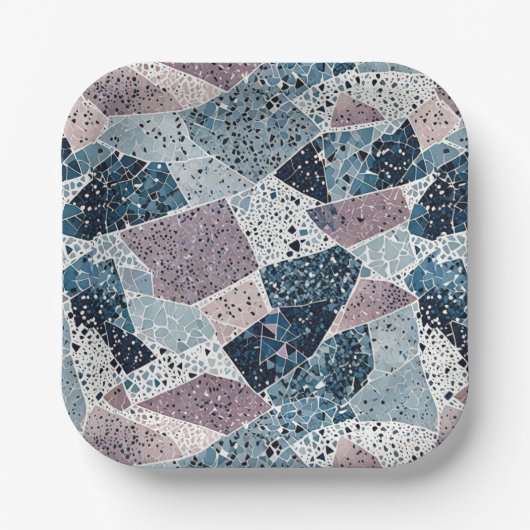 Blauw en Mauve Terrazzo Abstract Design Papieren Bordje (Voorkant)