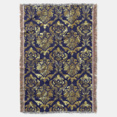 Blauw en Metallic Goud  Bloemen Damasks Deken (Voorkant Verticaal)