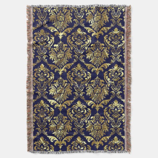 Blauw en Metallic Goud  Bloemen Damasks Deken (Voorkant Verticaal)