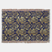 Blauw en Metallic Goud  Bloemen Damasks Deken (Voorkant)