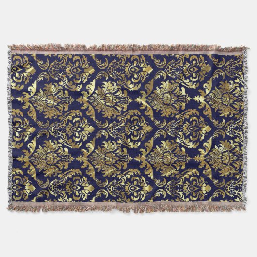 Blauw en Metallic Goud  Bloemen Damasks Deken (Voorkant)