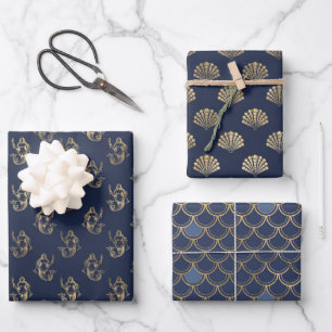 Blauw en Metallic Goud Zeemeermin Thema Gifts Favo Inpakpapier Vel