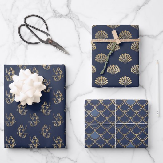Blauw en Metallic Goud Zeemeermin Thema Gifts Favo Inpakpapier Vel (Voorkant)