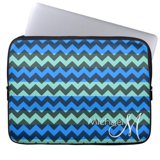 Blauw en Mint Chevron Zigzag Aangepast Monogram Laptop Sleeve (Voorkant)
