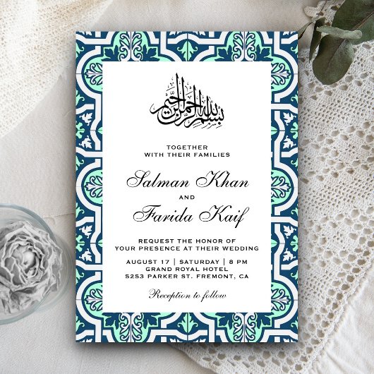 Blauw en Mint Islamitische Arabesque Moslim Bruilo Kaart