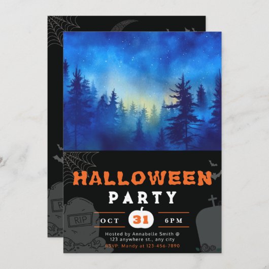 Blauw en Moonlit Bos Zwart Halloween Kaart (Voorkant / Achterkant)