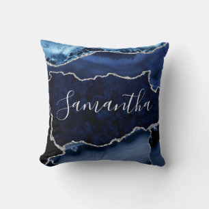 Blauw en namaak zilver glitter marmer agaat kussen