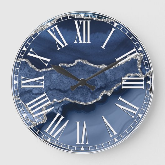 Blauw en namaar Zilver Glitter Marmer Agaat Grote Klok (Voorkant)