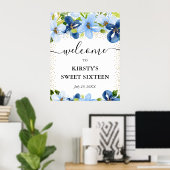 Blauw en Navy Bloemen Sweet 16 Welkom Poster (Thuiskantoor)