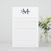 Blauw en Navy Lined Minimalistisch Monogram Briefpapier (Staand voorkant)