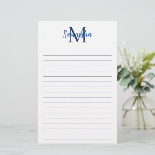 Blauw en Navy Lined Minimalistisch Monogram Briefpapier (Staand voorkant)