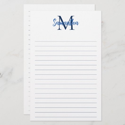 Blauw en Navy Lined Minimalistisch Monogram Briefpapier (Voorkant / Achterkant)
