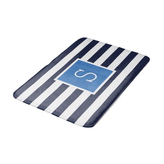 Blauw en Navy Stripes Monogram Badmat (Gekanteld)