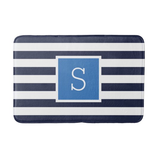 Blauw en Navy Stripes Monogram Badmat (Voorkant)