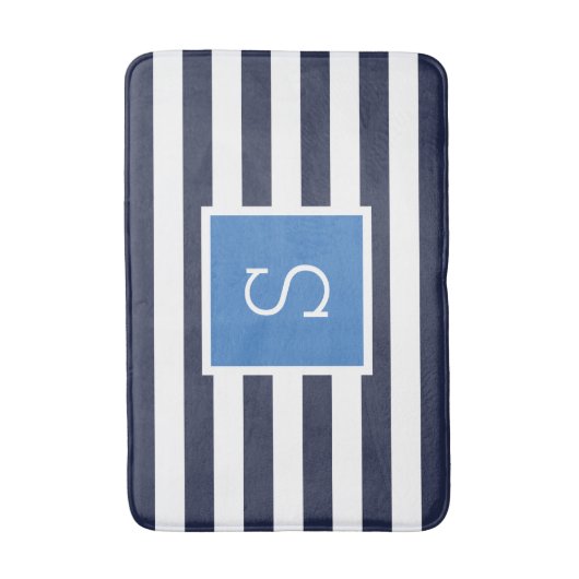Blauw en Navy Stripes Monogram Badmat (Voorkant Verticaal)