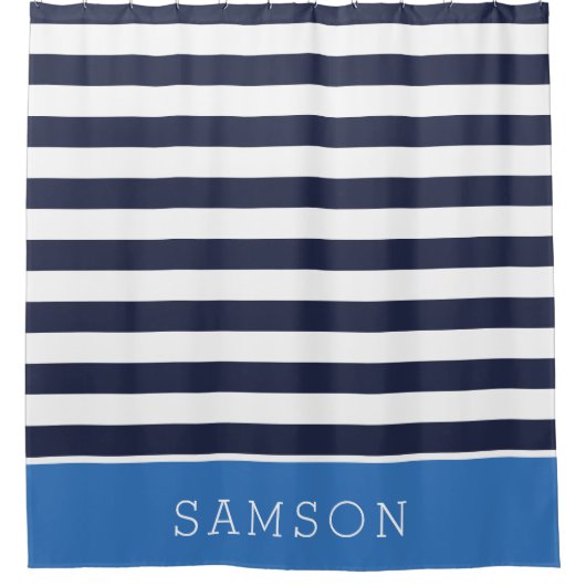 Blauw en Navy Stripes Monogram Douchegordijn (Voorkant)