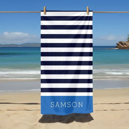 Blauw en Navy Stripes Monogram Strandlaken