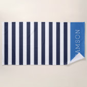 Blauw en Navy Stripes Monogram Strandlaken (Voorkant)