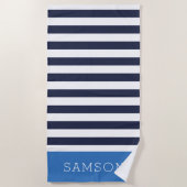Blauw en Navy Stripes Monogram Strandlaken (Voorkant)