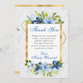 Blauw en Navy Zomer Bloemen Goud Verjaardag Bedankkaart (Voorkant / Achterkant)