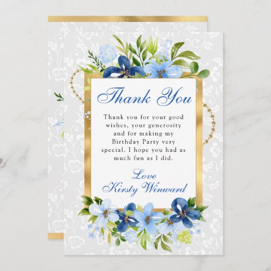 Blauw en Navy Zomer Bloemen Goud Verjaardag Bedankkaart (Voorkant / Achterkant)