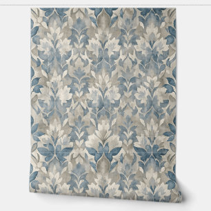 Blauw en neutraal bladpatroon behang