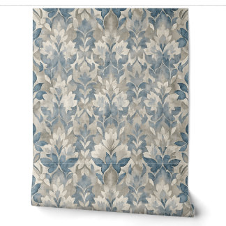 Blauw en neutraal bladpatroon behang
