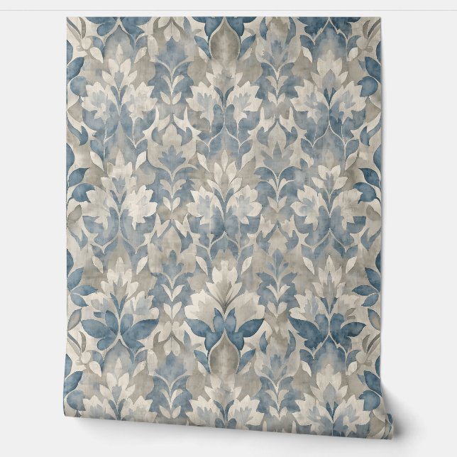 Blauw en neutraal bladpatroon behang (Afrollen)