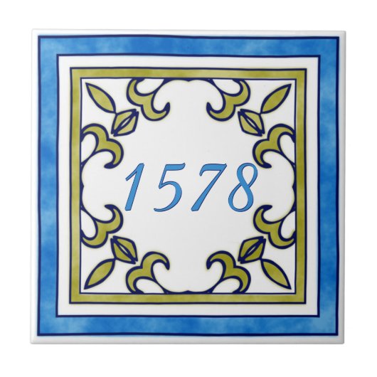 Blauw en olijfgroen klein huisnummer tegeltje (Voorkant)