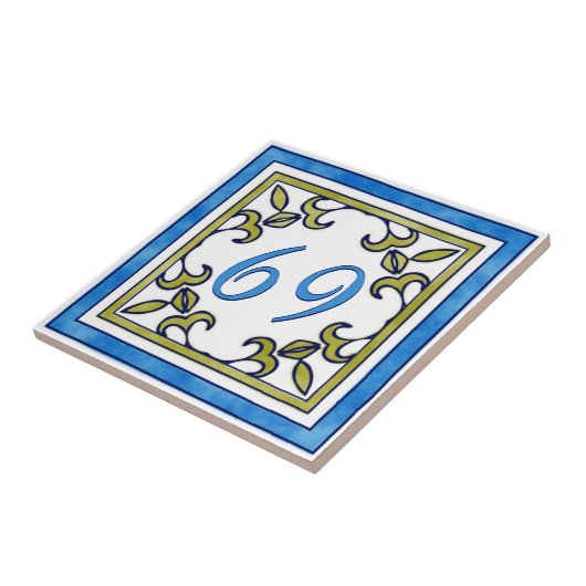 Blauw en olijfgroen nummer tegeltje (Zijkant)