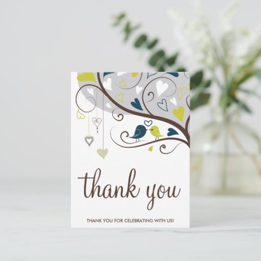 Blauw en olijven | Cute Lovevogels Dank u Briefkaa Briefkaart (Staand voorkant)