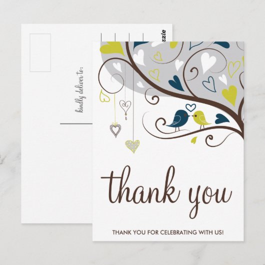 Blauw en olijven | Cute Lovevogels Dank u Briefkaa Briefkaart (Voorkant / Achterkant)