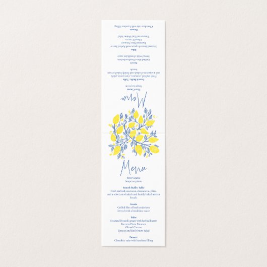 Blauw en onder wijnstokken bruiloft receptie maalt kaart (Buitenkant ongevouwen)