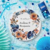 Blauw en Oranje Aquarel Bloem Bruiloft Papieren Bordje (Feest)