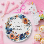 Blauw en Oranje Aquarel Bloem Bruiloft Papieren Bordje (Feest)