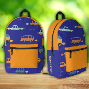 Blauw en oranje auto's aangepaste naam Print Cut S Bedrukte Rugzak