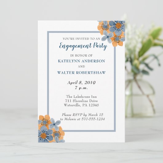 Blauw en Oranje Bloem Verlovingsfeest Nodigt uit Kaart (Staand voorkant)
