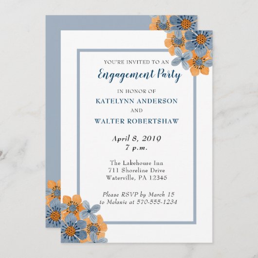 Blauw en Oranje Bloem Verlovingsfeest Nodigt uit Kaart (Voorkant / Achterkant)
