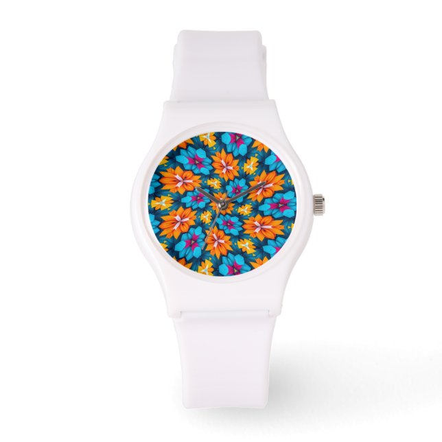 Blauw en Oranje bloemenpatroon Horloge (Voorkant)